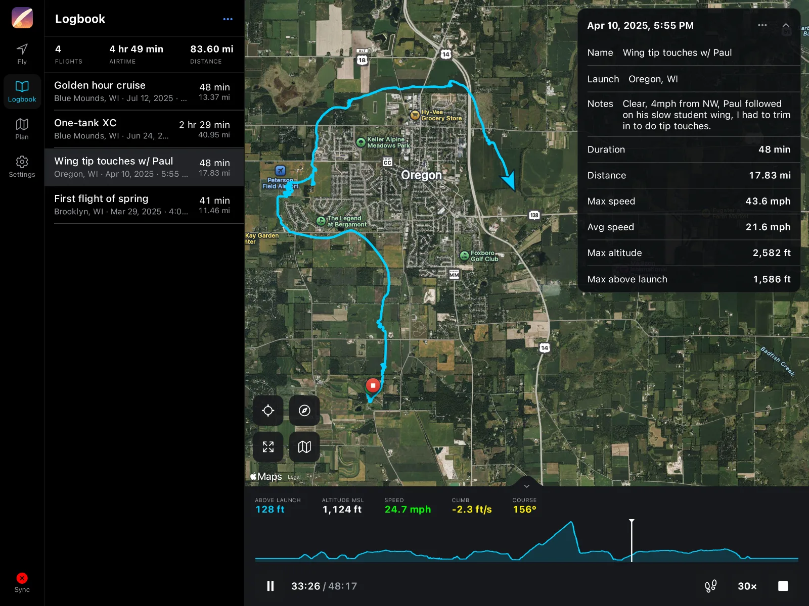 Wingover open in a desktop browser: the logbook list, the map with a replaying flight, its altitude timeline, and stats side by side.