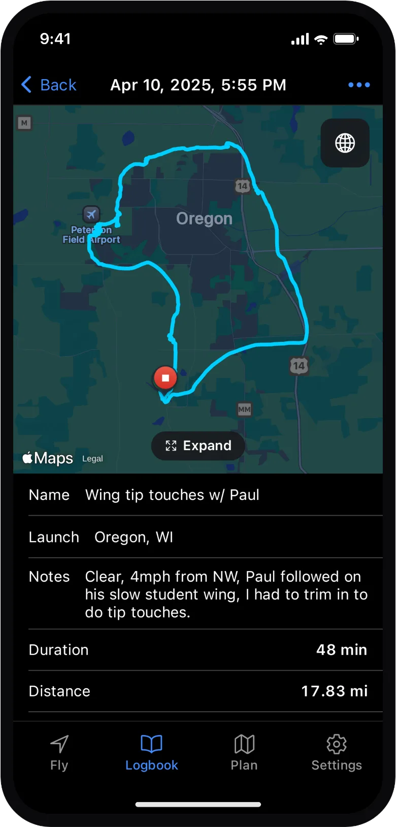A recorded flight in detail: the full track on a dark street map with duration, distance and altitude stats.