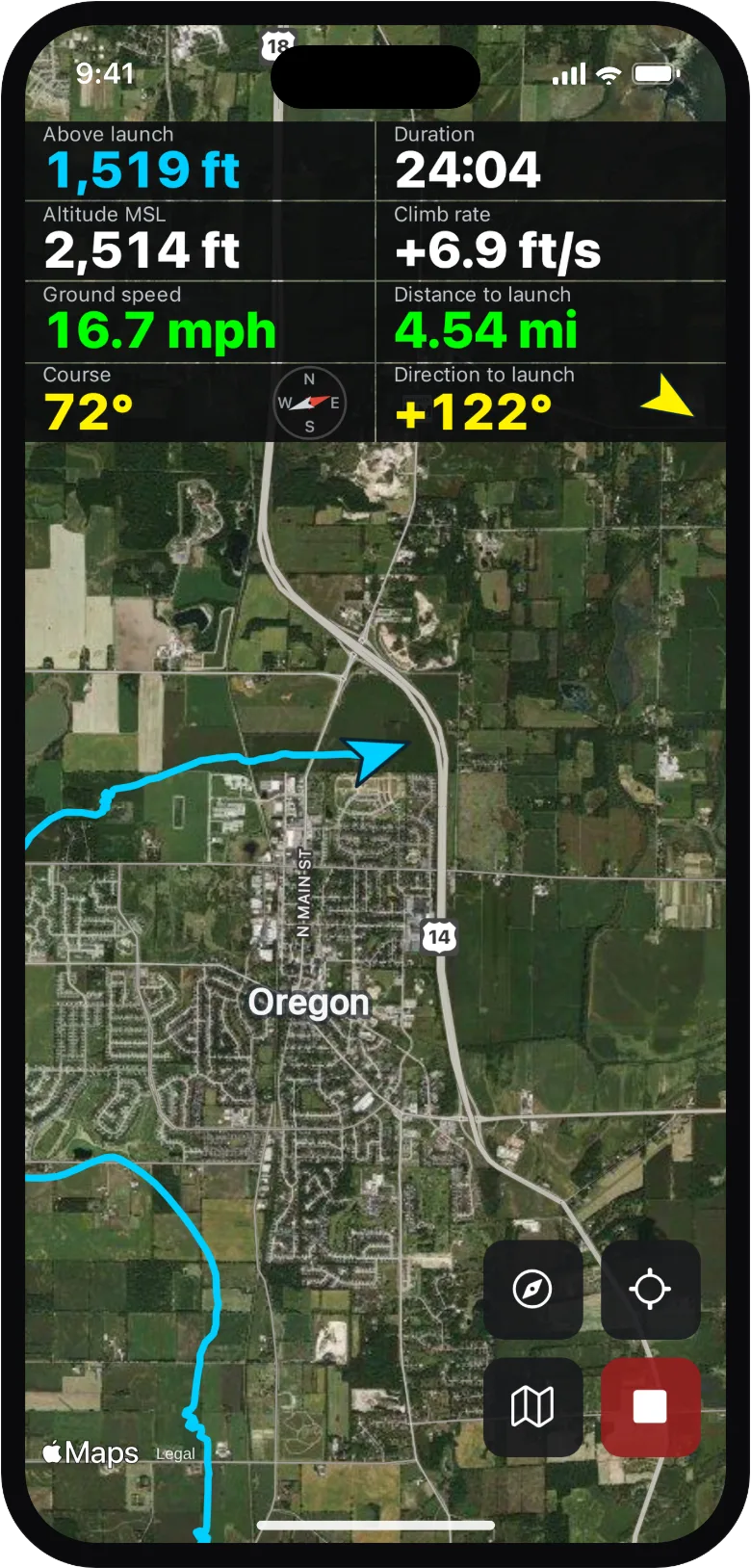 Wingover recording a flight: live groundspeed, altitude and climb over an Apple Maps satellite track.