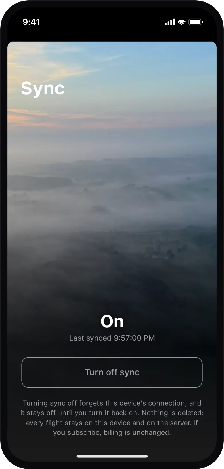 The Wingover sync sheet on iPhone, showing sync turned on.